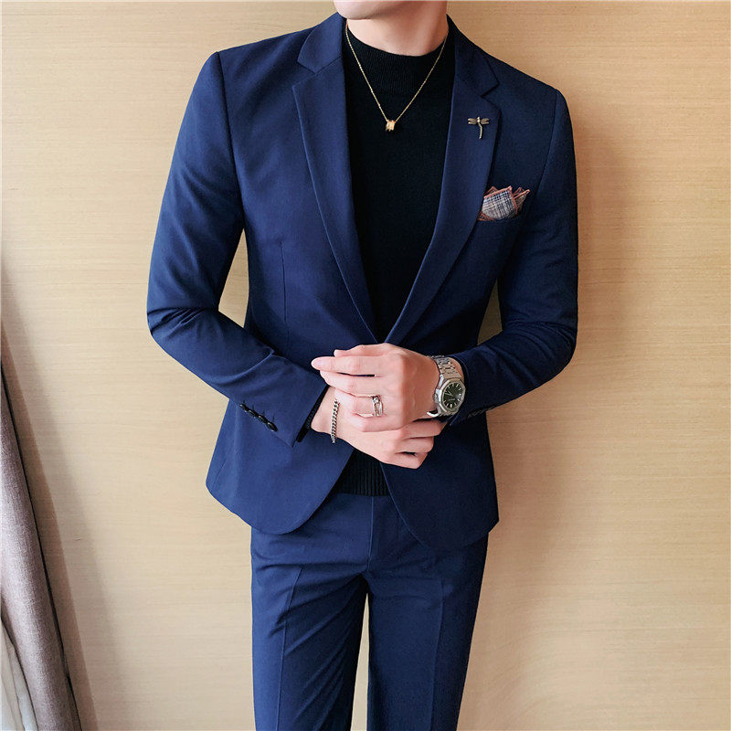 纯色小西装男修身大码两件套男商务休闲西服套装卡其LJT105/P210,男装西服套装,电商A213
