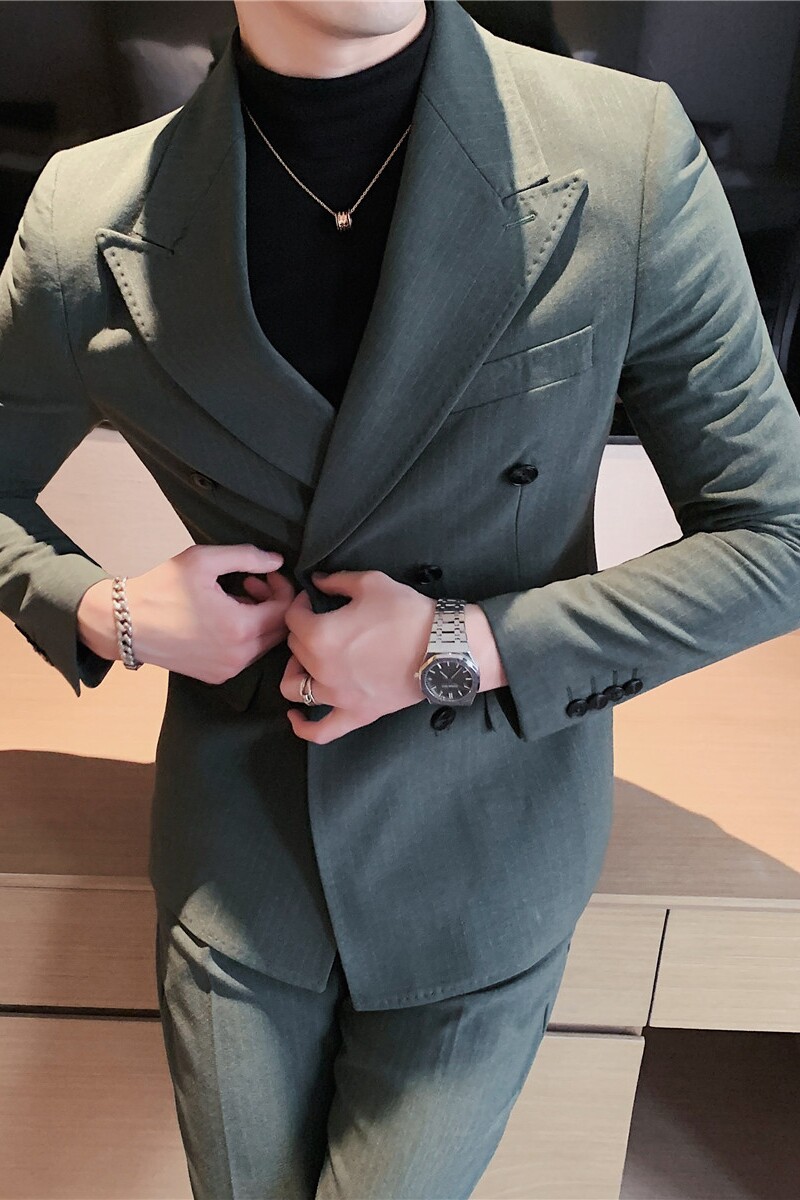 男士双排扣条纹休闲西服套装戗驳领韩式修身西装两件套LJT36-P230,男装西服套装,电商A213