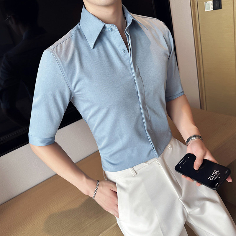 夏季暗门襟大领衬衫男中袖商务休闲男五分袖衬衣白色C2341-P58,男装T恤,电商A213