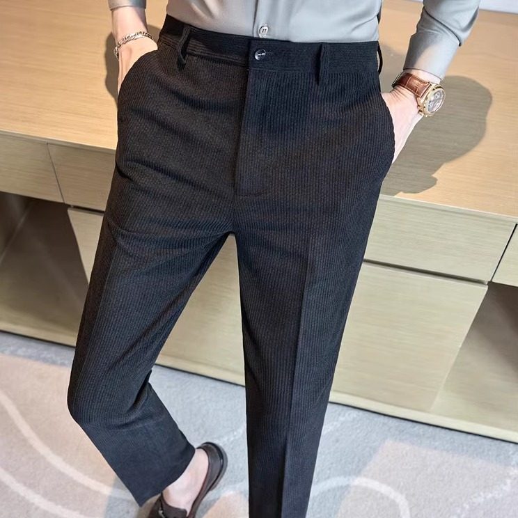 高级感休闲长裤秋冬加厚灯芯绒西裤修身西装裤子黑色XK626-P58图片
