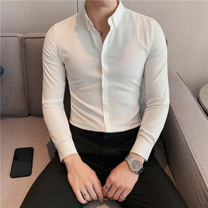 春季新款暗条纹长袖衬衫男士韩版潮流修身嫩绿色白色CS806/P58图片