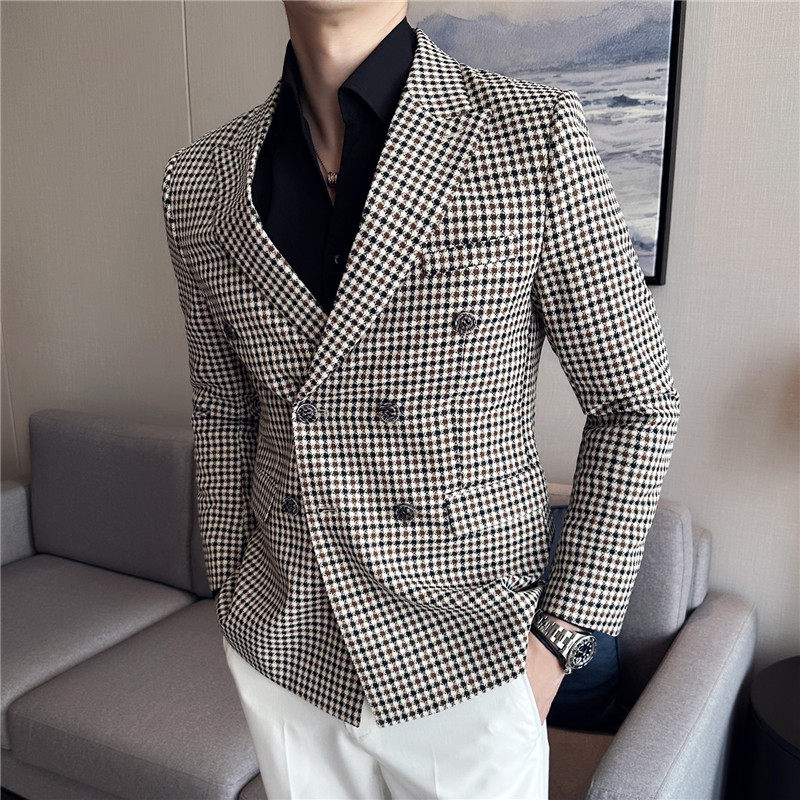 戗驳领双排扣千鸟格西服外套男修身西装上衣单西黑白格DX-2-P155,男装西服套装,电商A213
