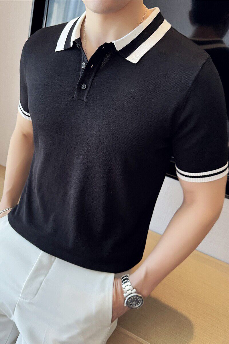 夏季冰丝薄款撞色针织短袖Polo衫男拼色翻领T恤黑色PL2371-P47图片