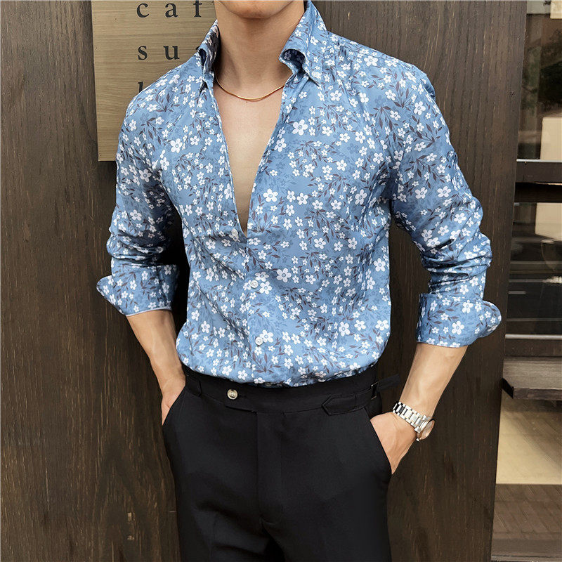 2025新款大V领衬衫男长袖花衬衣潮流帅气休闲立领衬衣蓝色C25-P60图片