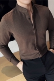 秋冬加厚磨毛保暖毛呢衬衫男高级感立领条纹衬衣咖啡色C6657-P73，男装衬衫，电商A213