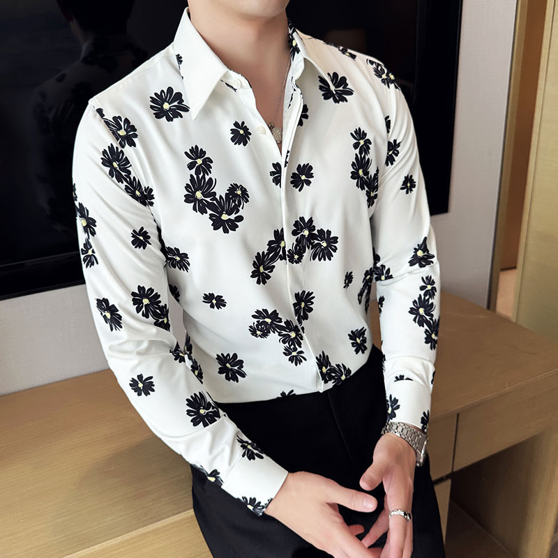 高级感雏菊印花衬衣时尚花衬衫男长袖商务休闲免烫白色CZ003-P63,男装衬衫,电商A213