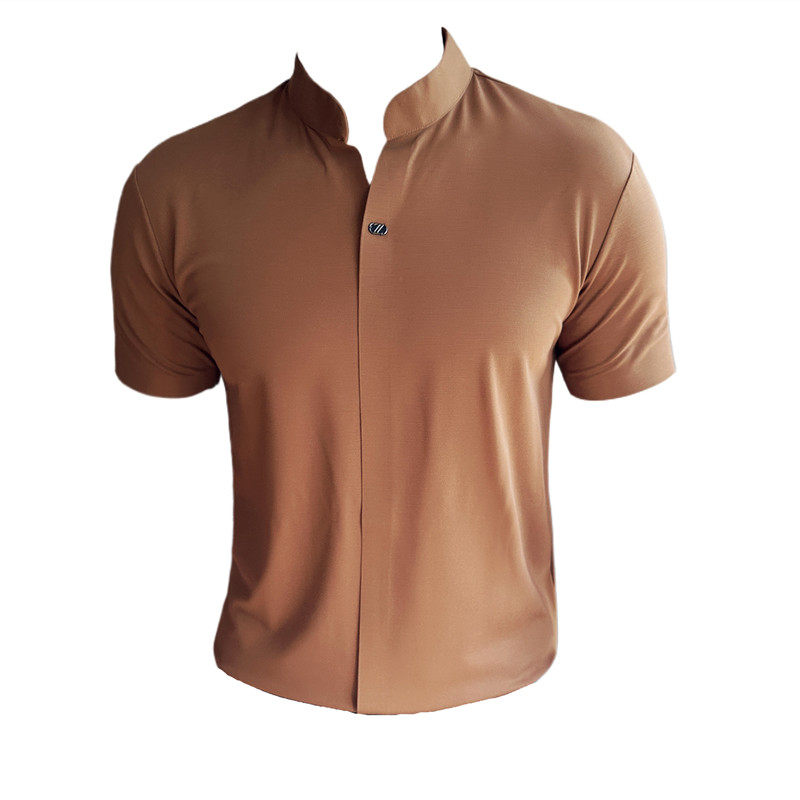 新中式立领无痕~垂感高弹V领polo衫薄款短袖t恤灰色PL2512-P63，男装Polo衫，电商A213