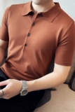 高级感男薄款针织短袖Polo衫冰丝质感翻领T恤黄咖色PL9782-P68，男装T恤，电商A213