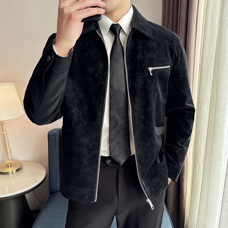 秋冬高级感拉链装饰麂皮绒皮夹克男翻领时尚皮外套JK7015-P147图片