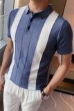 夏季冰丝Polo衫拼色条纹修身针织衫短袖T恤蓝色PL9701-P58，男装T恤，电商A213