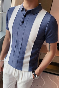 夏季冰丝Polo衫拼色条纹修身针织衫短袖T恤蓝色PL9701-P58图片
