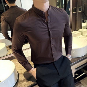 高品质暗条纹立领衬衫免烫商务圆领衬衣男长袖咖啡色C6641-P63图片