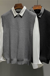 秋冬加厚假两件条纹拼接衬衫领针织背心男士套头毛衣M6801-P88图片