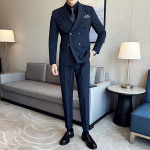 高品质面料西服套装双排扣戗驳领西装三件套男雾蓝色SJT8011-P275图片