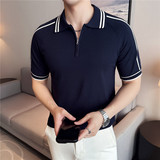 【天丝莱赛尔】条纹拼色冰丝针织POLO衫短袖T恤男黑色PL2410-P67，男装Polo衫，电商A213