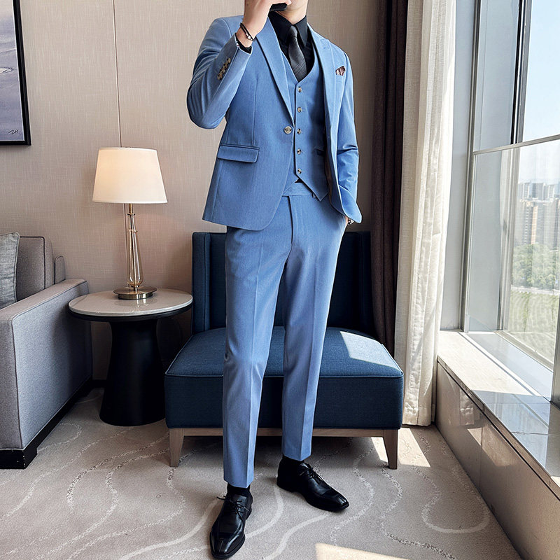 高品质西服戗驳领一粒扣纯色西装三件套男蓝色SJT8018-P275图片