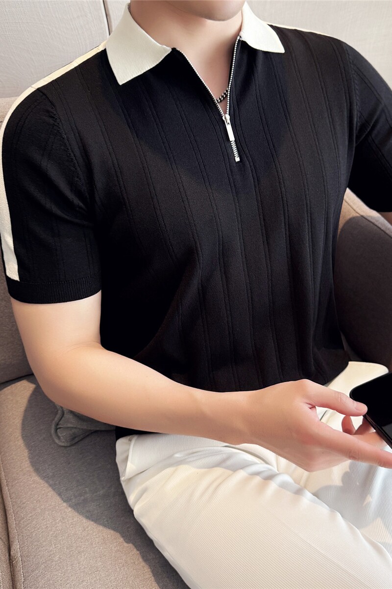 夏季冰丝薄款短袖T恤男暗条纹针织半拉链拼色翻领polo衫MT034-P57,男装Polo衫,电商A213