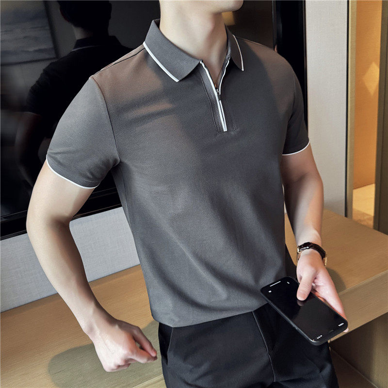 夏季时尚拼色半拉链polo衫男短袖翻领t恤草绿色PL2228-P52,橘红色毛线搭配什么色好看图片