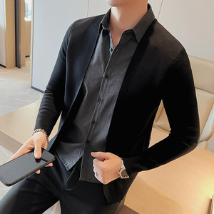 秋冬男士假两件针织衫开衫衬衫领毛衣外套两件套黑色M9507-P90图片