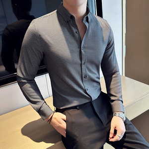 千鸟格长袖衬衫男士修身高级感痞帅衬衣休闲寸衫黑色C802-P58图片
