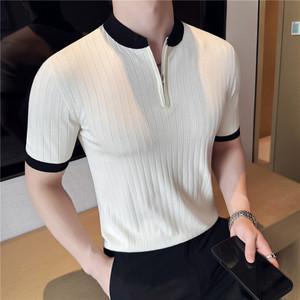 夏季冰丝薄款短袖T恤男暗条纹针织半拉链拼色立领polo衫MT044-P57图片