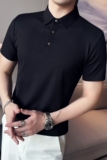夏季冰丝无痕polo衫男短袖修身薄款华夫格翻领t恤黑色PL2303-P63，男装T恤，电商A213