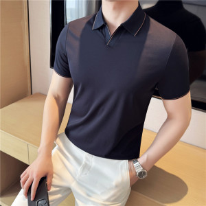 夏季V领短袖Polo衫拼色翻领薄款休闲冰丝弹力T恤咖啡色PL2711-P53图片