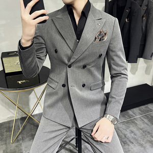 主推款~质感加厚双排扣西服套装修身西装两件套深灰色LJT412-P215图片