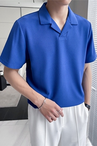 轻熟风~冰丝华夫格古巴领polo衫男西装领短袖T恤蓝色PL2238-P53图片