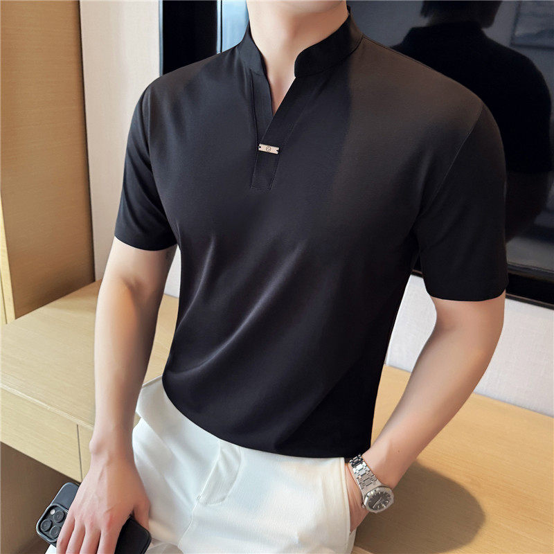 新中式立领高弹力短袖POLO衫高级感无痕压胶翻领T恤PL2816-P63，男装Polo衫，电商A213