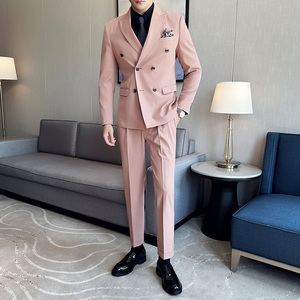 高品质面料西服套装双排扣戗驳领西装三件套男桔粉色SJT8011-P275图片