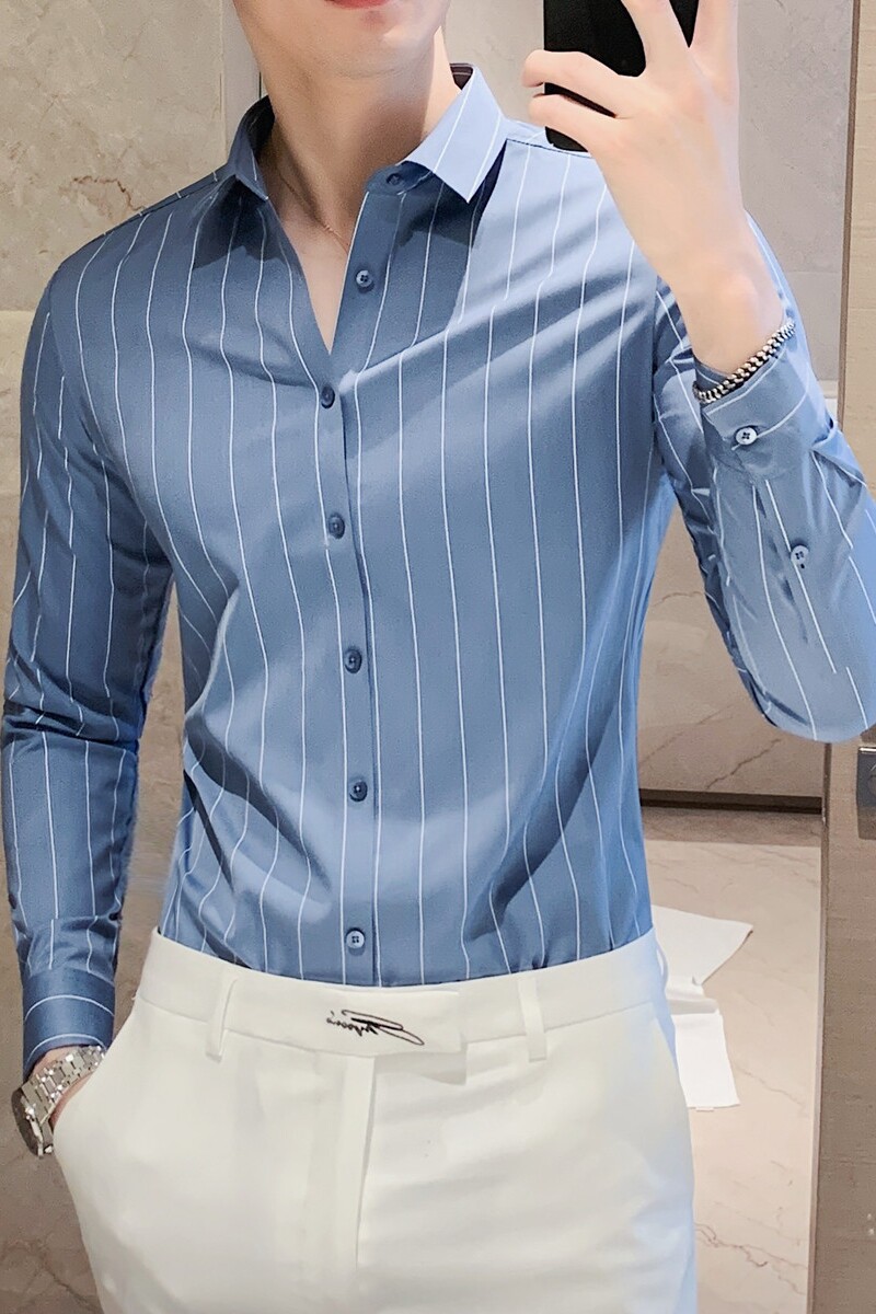 长期做~高品质无痕衬衫免烫商务条纹衬衣男长袖衬衫蓝色C6005-P78,男装衬衫,电商A213