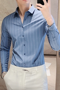 长期做~高品质无痕衬衫免烫商务条纹衬衣男长袖衬衫蓝色C6005-P78图片