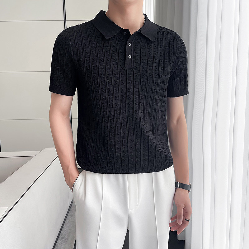 轻熟风~提花针织短袖T恤修身短袖Polo衫翻领tee白色PL9781-P68,男装T恤,电商A213