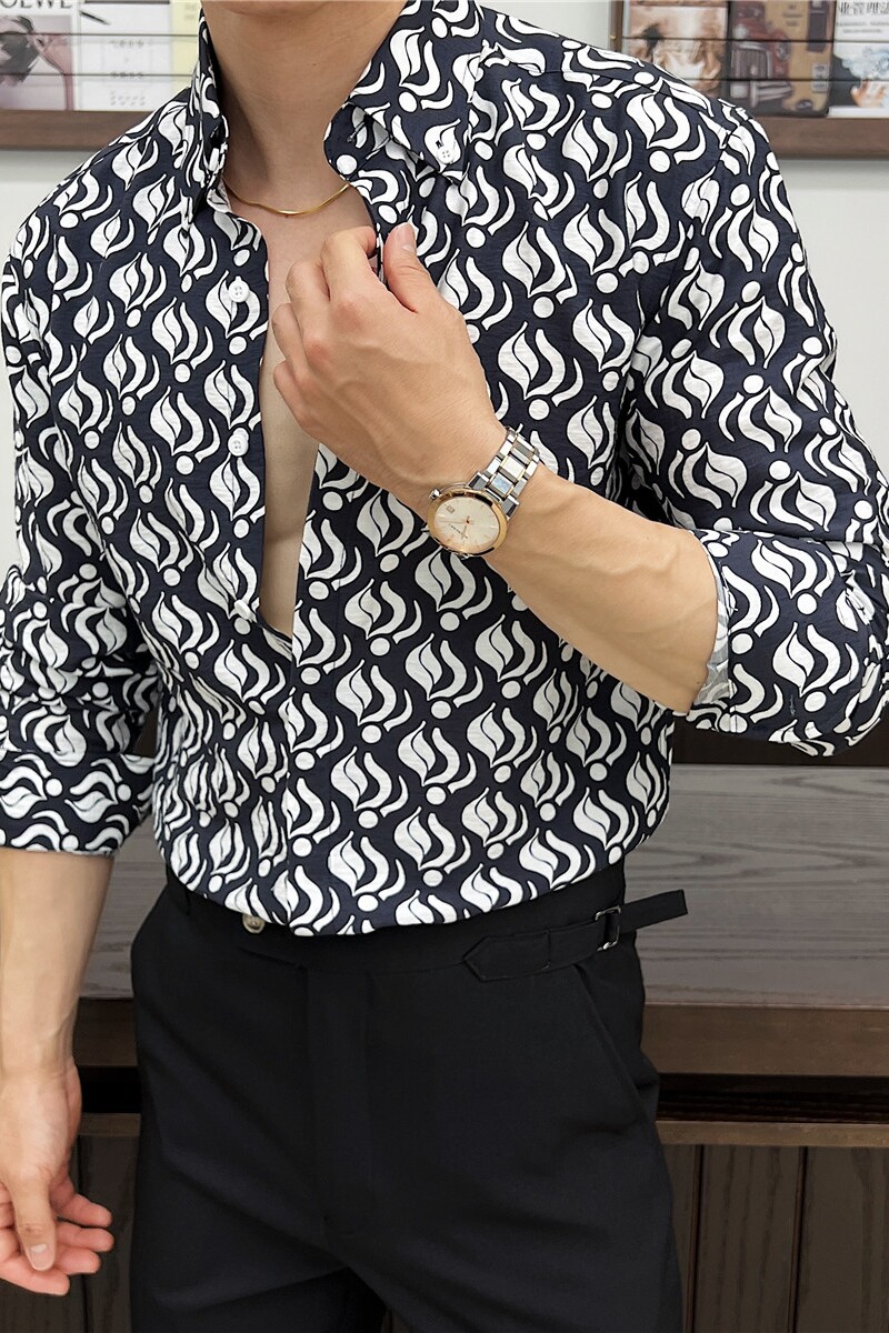 高级感莱赛尔天丝时尚帅气肌理感花衬衫男长袖衬衣白色C2522-P68图片