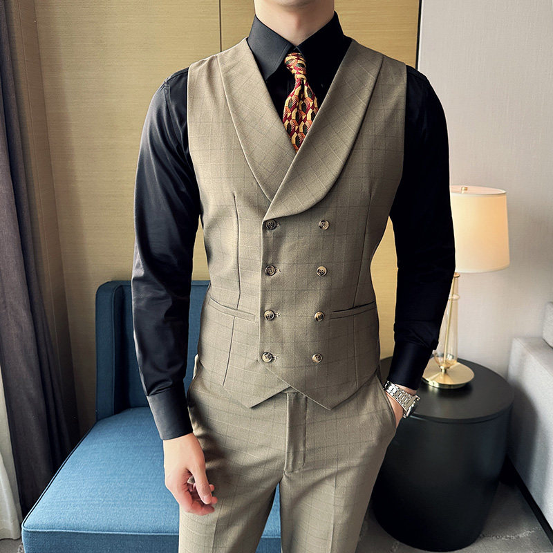 高级感大气戗驳领双排扣格子新郎结婚礼服西装三件套SJT9010-P265图片