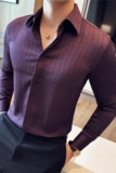 高级感垂感褶皱条纹气质长袖衬衫小众设计感花衬衣紫色CZ009-P73，男装衬衫，电商A213
