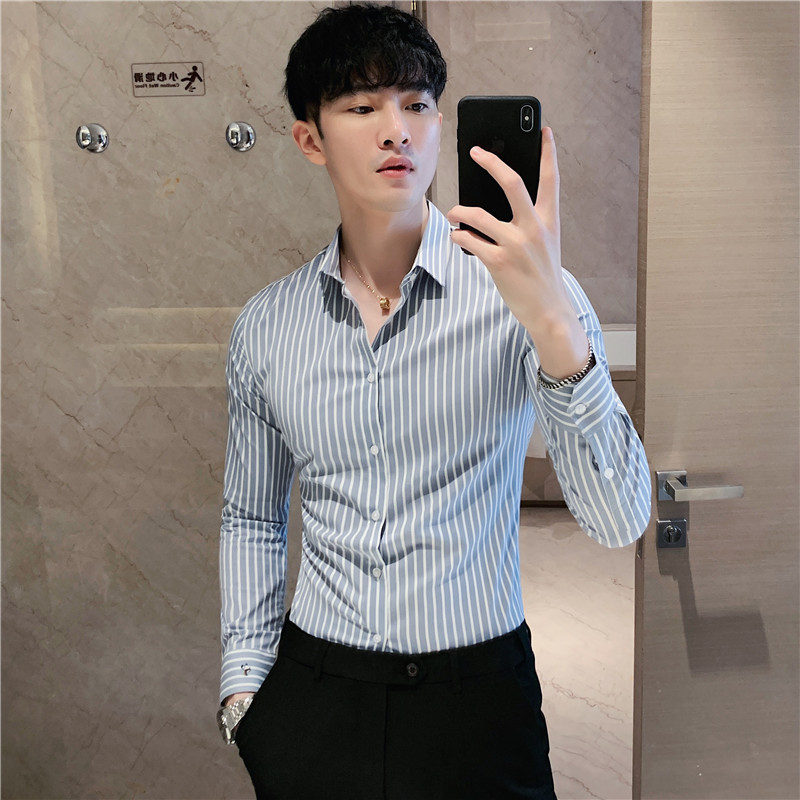 2025秋装新款男刺绣条纹衬衫修身潮男商务长袖衬衫蓝色C2036/P65,男装衬衫,电商A213