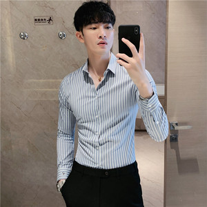 2025秋装新款男刺绣条纹衬衫修身潮男商务长袖衬衫蓝色C2036/P65图片