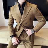 双排扣男士毛呢休闲西服套装妮子加厚西装两件套驼色LJT8809-P220，男装西服套装，电商A213