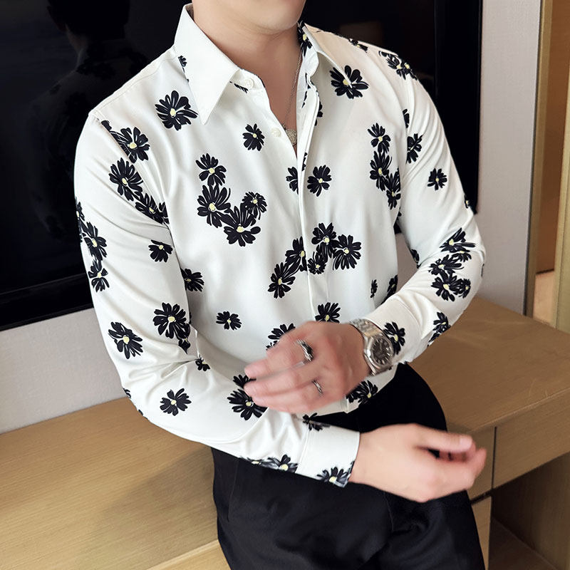 高级感雏菊印花衬衣时尚花衬衫男长袖商务休闲免烫白色CZ003-P63