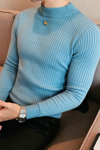 补大货 时尚暗条纹半高领毛衣男纯色毛衣修身针织衫蓝色M1560-P53图片