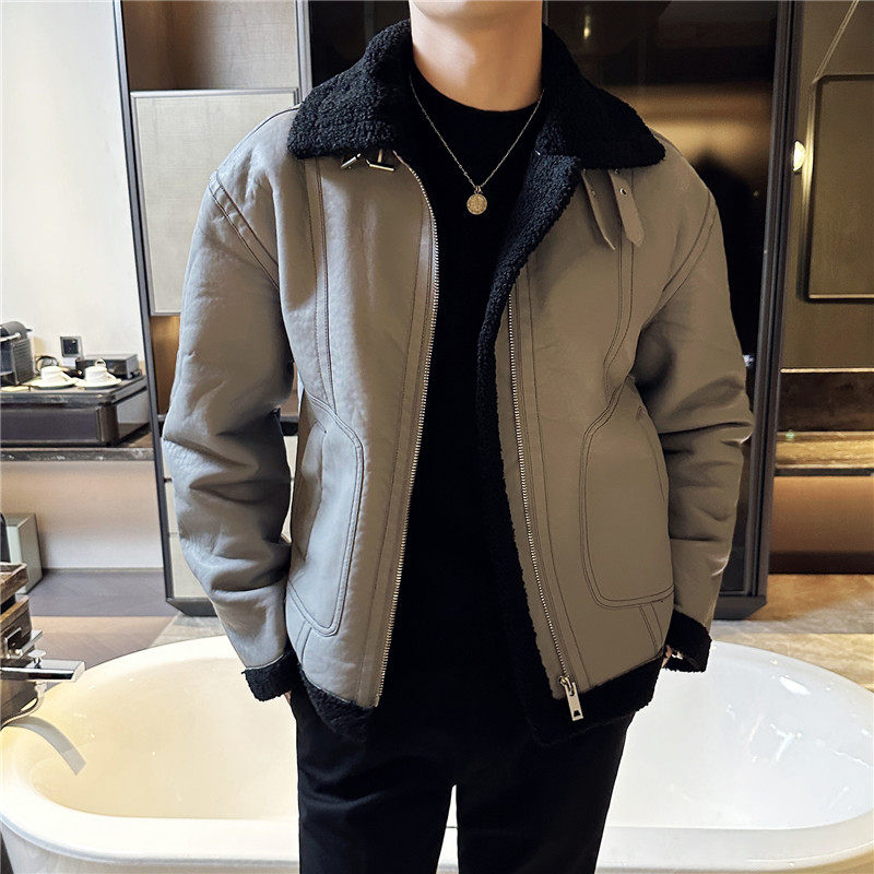 加厚棉衣男皮毛一体棉服皮外套翻领拉链PU皮夹克黑色PM22127-P237图片