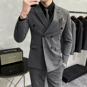 大码西服套装双排扣西装三件套男修身纯色西服中灰色SJT305/P275图片