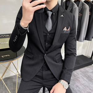 刺绣条纹西装男套装韩版修身商务西服三件套休闲深灰SJT107/P255图片
