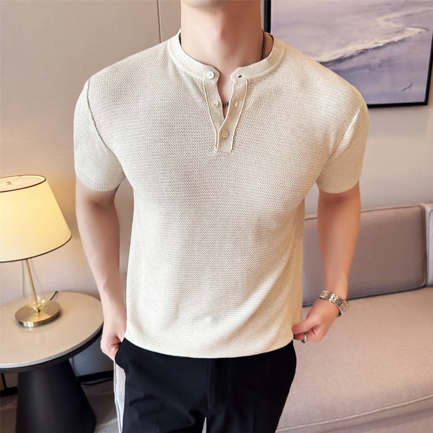 【天丝莱赛尔】老钱风亚麻短袖T恤男镂空针织亨利领灰色T8989-P67，男装T恤，电商A213