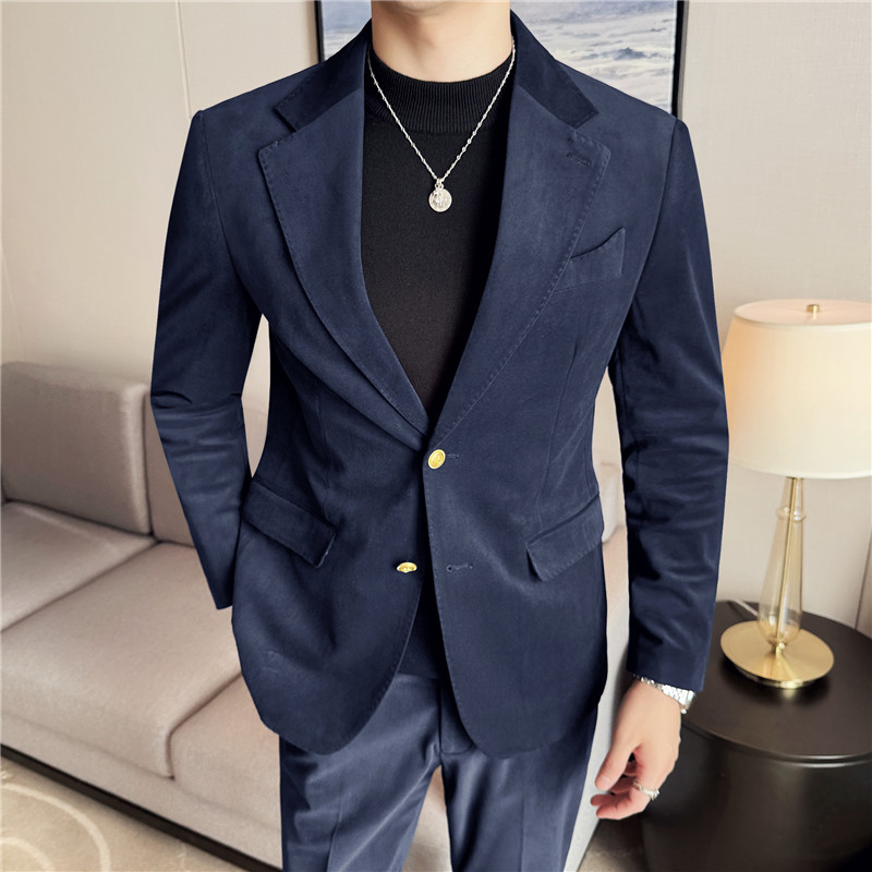 定制绒面布料~重磅加厚毛呢西服外套男西装套装蓝色LJT708-P280图片