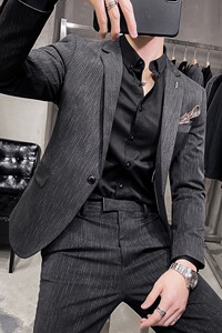 高品质长期做~时尚虚线条纹西装套装修身西服两件套LJT109-P170特图片