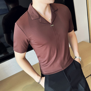 夏季弹力性感V领古巴领短袖T恤男高级感冰丝薄款T恤咖啡T2418-P63图片