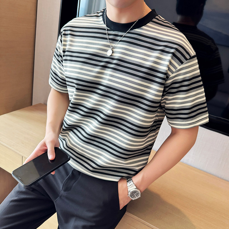 莫兰迪色调~经典条纹撞色短袖T恤男休闲时尚圆领体恤潮T2548-P53图片
